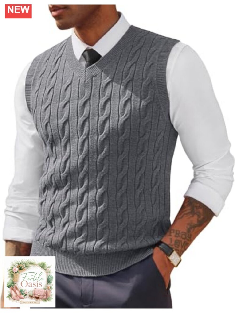 Mens Cable Knit V-Neck Sleeveless Sweater Vest Stretch Pullover